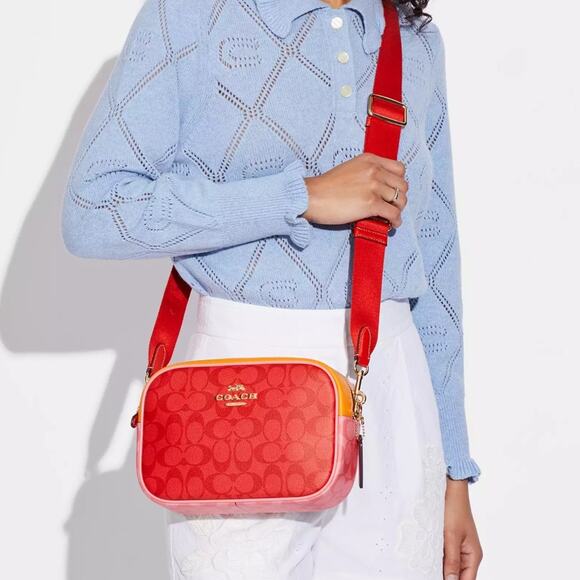 NWT Coach Jamie Camera Bag In Blocked Signature Canvas/Red/ Smooth Leather - Picture 9 of 10